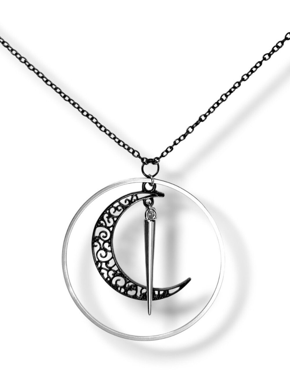 NWT Handmade Black Crescent Moon Silver Spike Hoop Long Layered Necklace